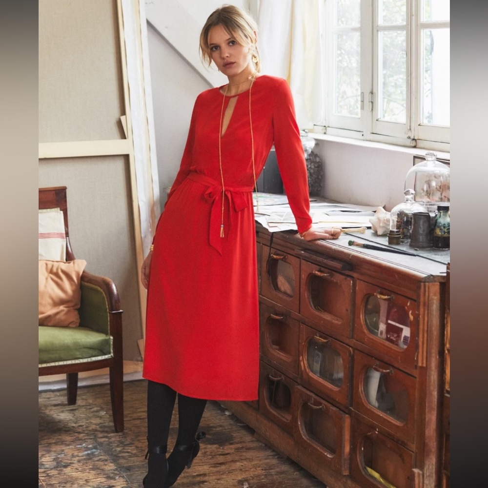 Sézane Elegant Red Long Sleeve Silk Victoire Dress (Size FR 36 | US 4) - Picture 2 of 15